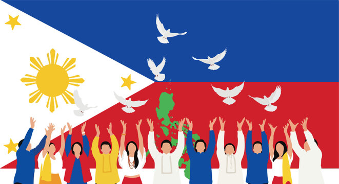 Diverse people raise hands before Philippine flag with white doves and map