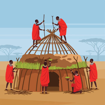 African people building a traditional round hut in the savanna landscape scenery