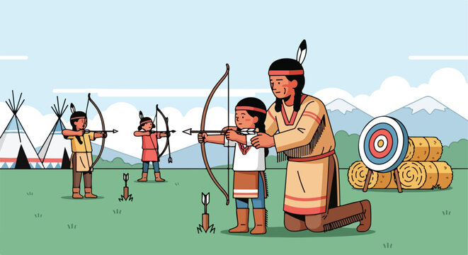 Native American children learning archery with an instructor in a tribal camp