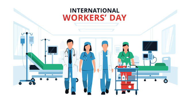 Flat style illustration of healthcare workers team in hospital corridor, celebrating Labor Day and International Workers Day recognition for medical professionals and frontline staff