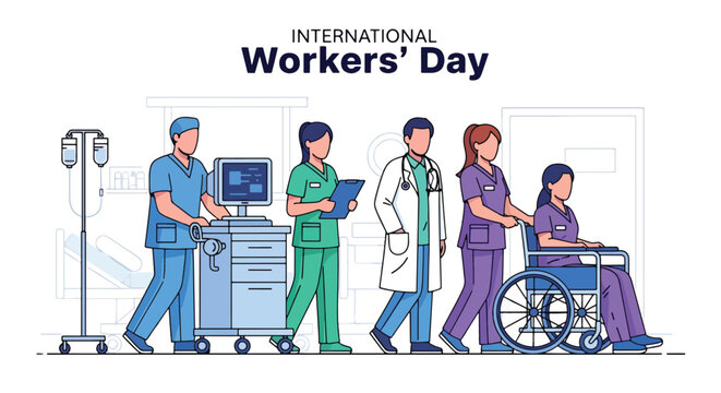 Flat style illustration of healthcare workers team in hospital corridor, celebrating Labor Day and International Workers Day recognition for medical professionals and frontline staff