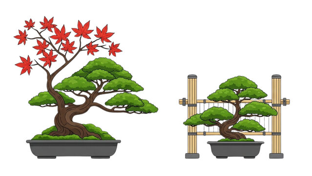 Vector 2D CAD illustrations of bonsai trees in pots with autumn leaves