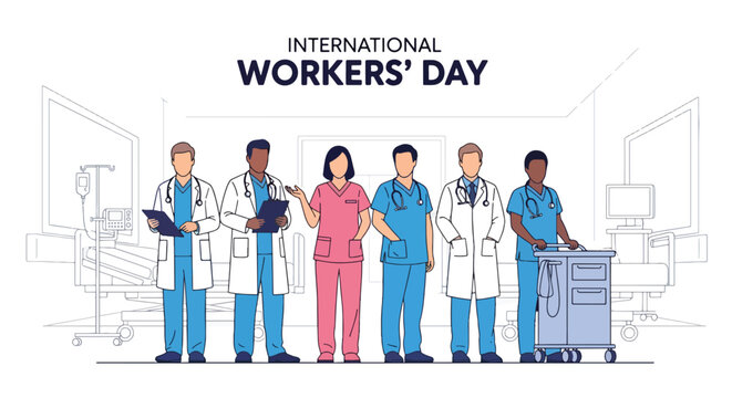 Flat style illustration of healthcare workers team in hospital corridor, celebrating Labor Day and International Workers Day recognition for medical professionals and frontline staff