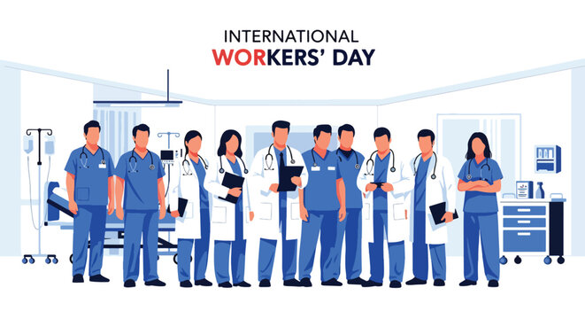 Flat style illustration of healthcare workers team in hospital corridor, celebrating Labor Day and International Workers Day recognition for medical professionals and frontline staff