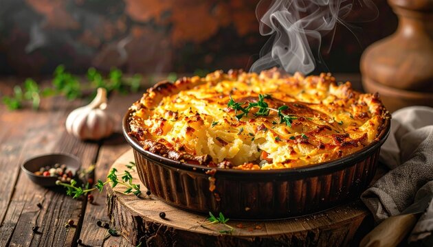 Golden brown baked savory pie with fluffy mashed potato topping steaming hot on a rustic wooden table with garlic and herbs