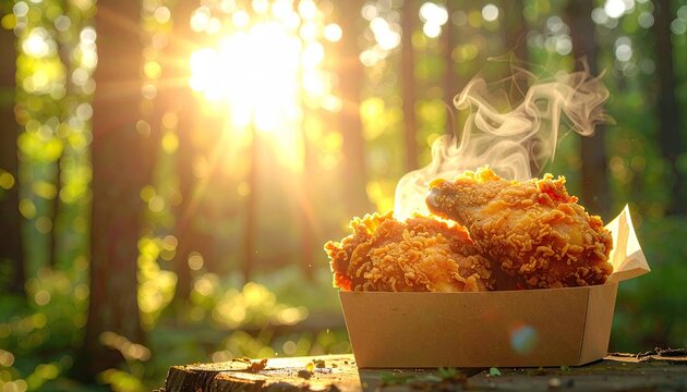 Golden Brown Crispy Fried Chicken Steaming Gently on a Rustic Wooden Surface Outdoors Amidst Lush Green Forest Trees and Golden Sunburst Sunlight
