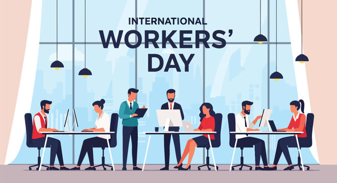Flat style illustration of office workers collaborating at desks with city view, representing International Workers Day and Labor Day teamwork, productivity, and modern workplace culture