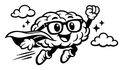 Fototapeta premium Happy brain character wearing a cape and glasses, flying through the sky, symbolizing smart ideas, wisdom, and thinking power