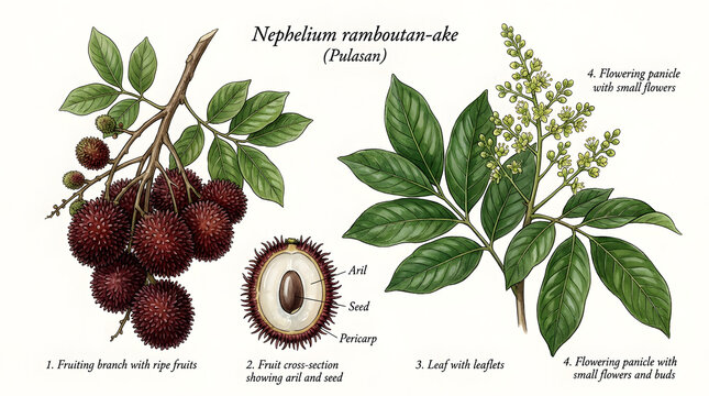 A detailed botanical illustration of the Nephelium ramboutan-ake or Pulasan plant
