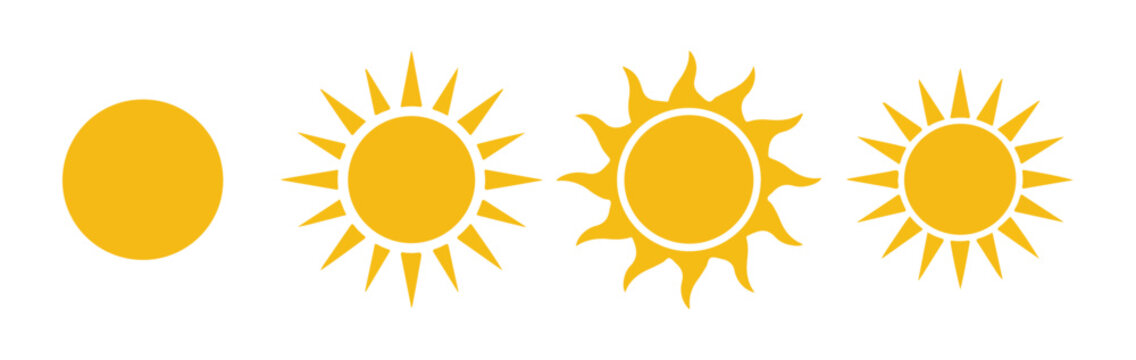 Yellow sun set with various ray styles isolated on transparency background for creative weather graphic design.