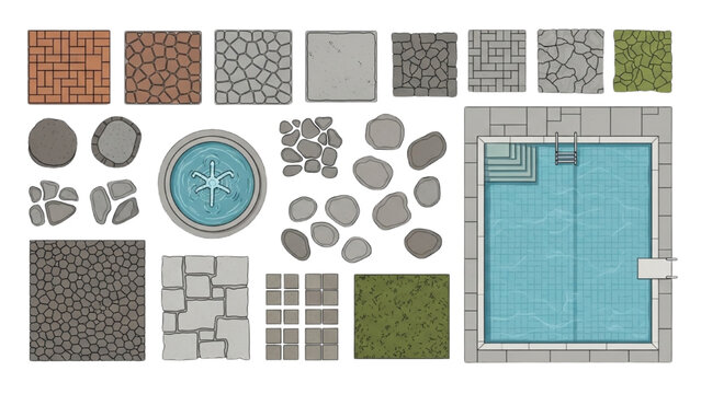 Vector 2D CAD designs for a backyard pool area with various paving stone patterns and shapes