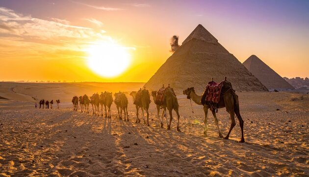 Golden Hour Camel Caravan Trekking Towards Ancient Pyramids Under a Vibrant Sunset Sky in Giza Egypt with Warm Sunlight Casting Long Shadows on the Sand