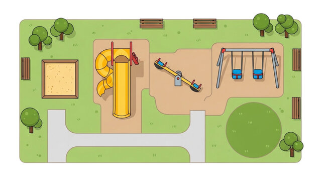 Aerial view of a playground with swings and slide in vector 2D CAD design