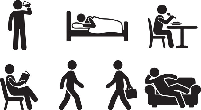Collection of six pictogram icons depicting daily human activities with activities lifestyle pictogram silhouette drinking sleeping standing representation abstract