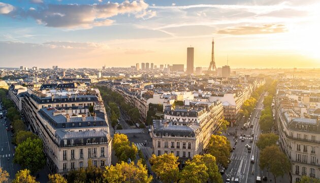 Golden Hour Sunlight Illuminates Haussmannian Architecture Along a Wide Boulevard with Distant Skyscrapers and a Setting Sun