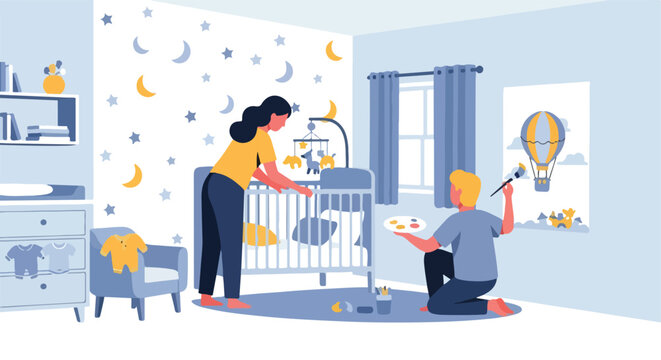 Couple decorates a blue nursery painting a mural and setting up the baby's crib
