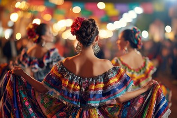 Naklejka premium Vibrant Latin American Folk Dance at Night Festival. Colorful skirts fly during traditional Mexican dancing