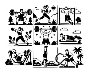 Obraz premium Athletes exercising, lifting weights, running, pulling up, planking, doing leg press, handstands, and battle rope