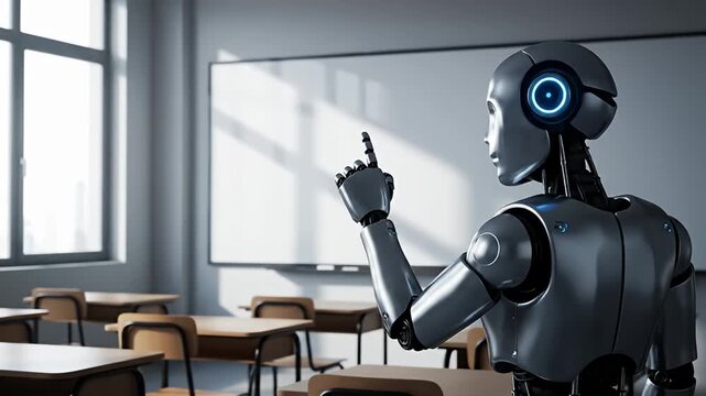 Robot pointing at whiteboard in empty modern classroom