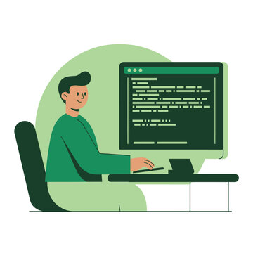 Coder at computer writing code on monitor.