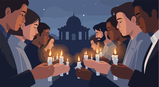 Diverse group of people holding lit candles at a night vigil near a monument