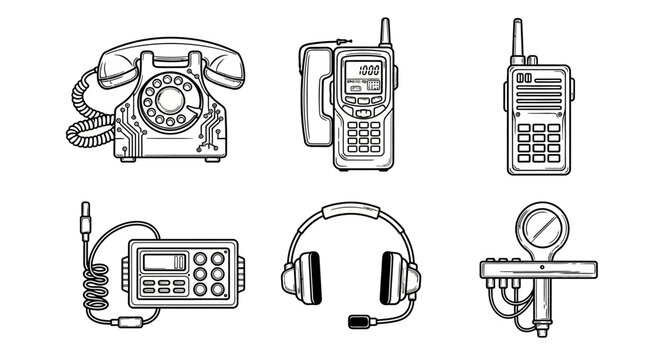 Set of six communication devices including a rotary phone walkie talkie and radio transceiver with headphones for communication technology.