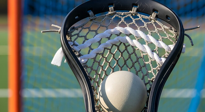 Close-up of a white lacrosse ball resting in the net of a lacrosse stick during an outdoor sports game