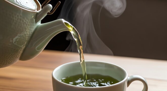 A ceramic teapot pouring steaming hot green tea into a cup on a wooden table, close up, high quality, soft studio lighting, tranquil mood