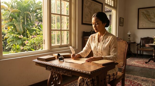 Serene woman in traditional attire diligently writing with a quill by a sunlit arched window, capturing a moment of historical reflection
