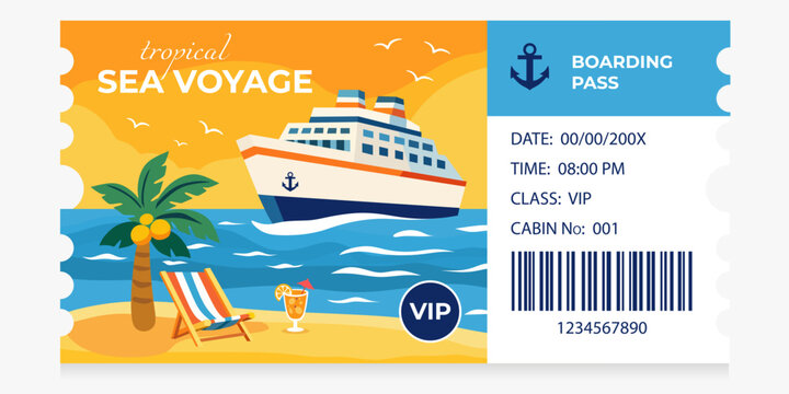 Cruise ship boarding pass for tropical sea voyage. Illustrated ticket with palm, ocean, and boat for summer vacation. Travel document concept for holiday cruise trip reservation.