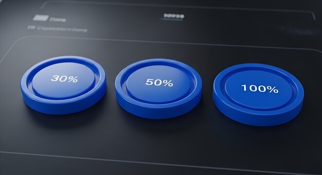 A digital interface with three blue progress buttons showing 30%, 50%, and 100% completion levels