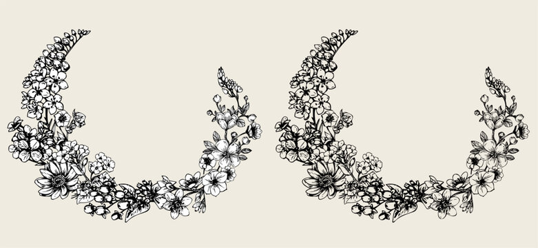 Elegant hand-drawn Victorian floral wreath with delicate botanical details. Vector design in two versions: with background and isolated.