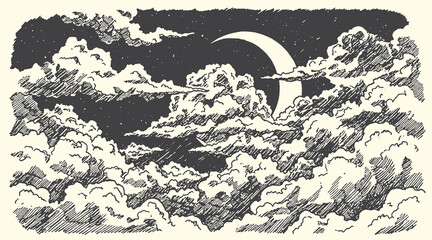 Night sky illustration featuring a crescent moon and fluffy clouds drawn in a detailed vintage hand sketched ink style © bbilfunk
