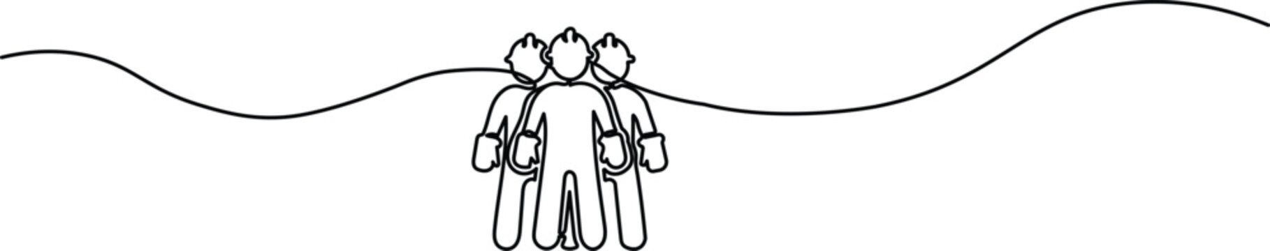 Continuous one-line drawing of a worker group in safety gear. Minimalist silhouette for Labour Day, teamwork, unity, and the industrial workforce.