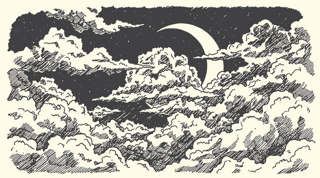 Night sky illustration featuring a crescent moon and fluffy clouds drawn in a detailed vintage hand sketched ink style