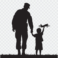 Naklejka premium Soldier with child. Holding hand of child. Soldier silhouette