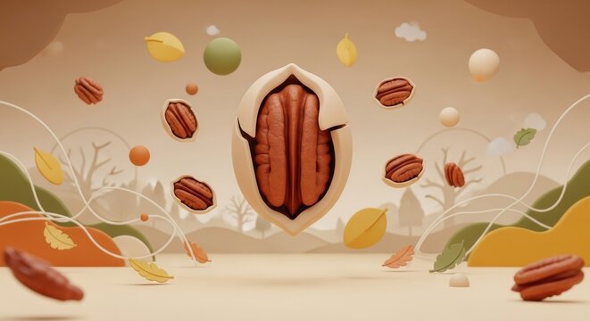 Celebrate National Pecan Month with floating pecans and autumn leaves