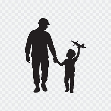 Soldier with child. Holding hand of child. Soldier silhouette