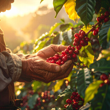 Coffee farmer harvesting ripe red berries