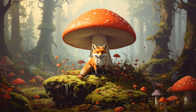 Fox under mushroom in forest