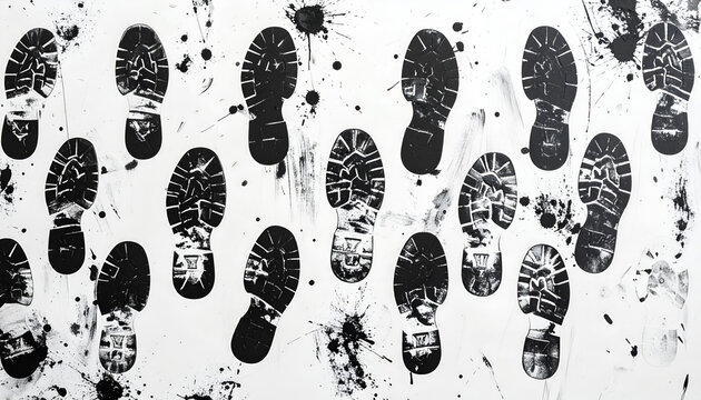 A stark composition showcases numerous dark boot prints scattered across a bright white surface.