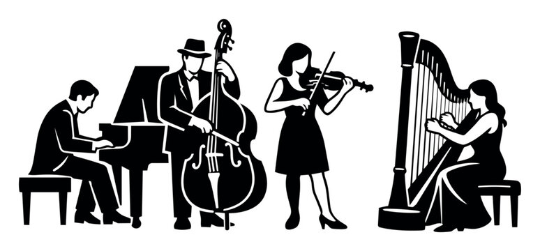 Musical quartet performing together, creating harmonious sounds with string, keyboard, and plucked instruments for an artistic concert