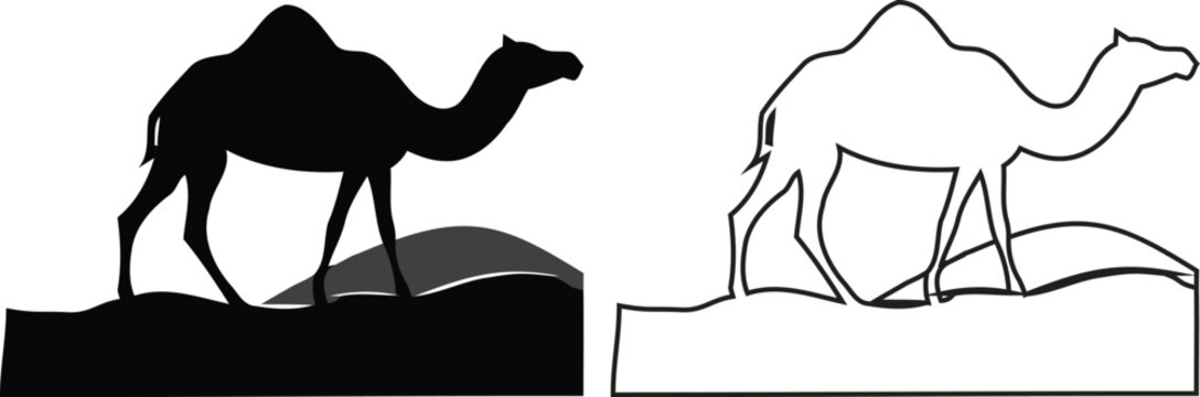Black and white silhouette of a camel standing on a rock formation with a line drawing