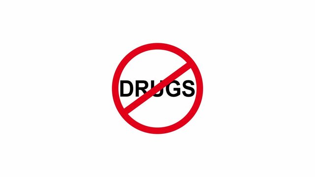 No sign animation, red prohibition circle symbol for drug-free zone awareness and public health campaigns