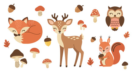 Fototapeta premium A cute cartoon collection of funny wild and farm animals featuring a dog, cat, lion, and fox in a vector illustration set of character icons