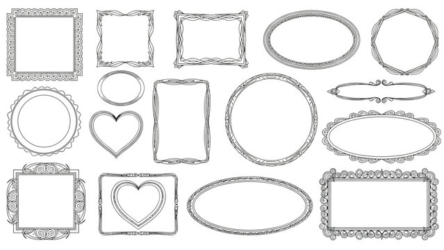 Diverse set of decorative black and white frames and borders featuring circles ovals rectangles and heart shapes for design projects.
