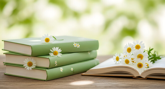Stack of green books with daisies on wooden table in soft natural light