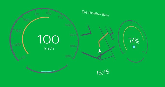 Animation of interface with charging battery icon and speedometer on black background