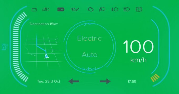 Animation of interface with speedometer and power and energy icons on blue background