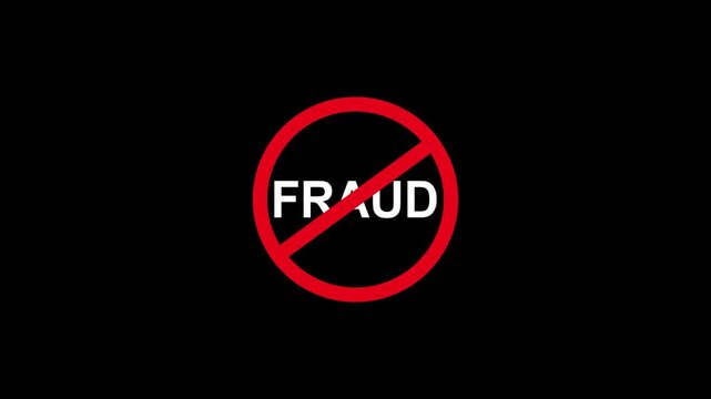 No fraud sign animation: red prohibited symbol with text for financial security and cyber crime prevention